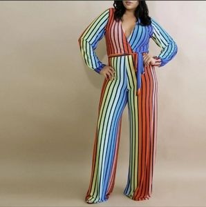 Jasmine Rainbow Striped Long Sleeve V-neck Women Jumpsuit.NWOT.Large